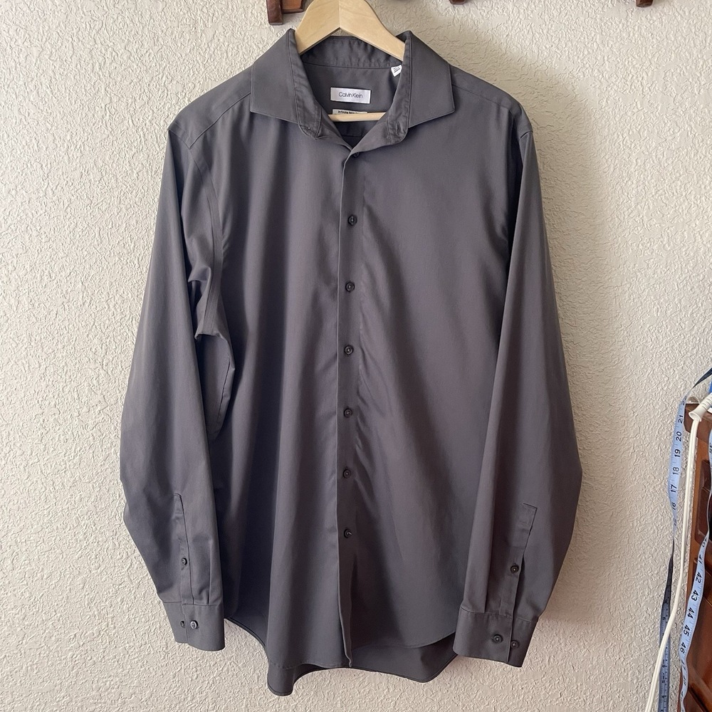 Calvin Klein Infinite Non-Iron Dress Shirt Mens 17 36/37 Slim Tall Gray Stretch